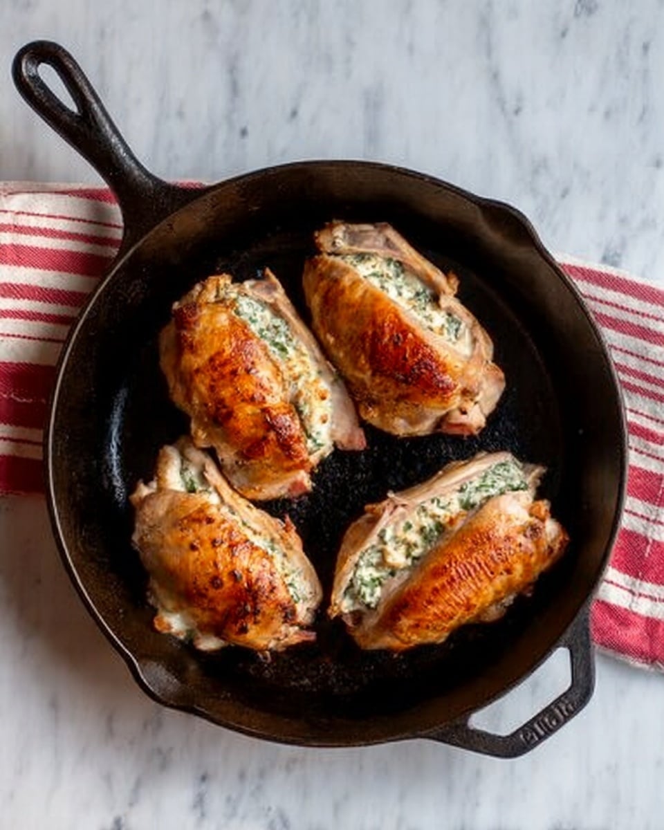The image shows a black cast iron pan placed on a white marbled surface with a red and white striped cloth next to it. Inside the pan, there are four cooked chicken pieces, each stuffed with a creamy filling containing green herbs. The chicken pieces have a golden brown, crispy skin and are arranged randomly inside the pan. Photo taken with an iphone --ar 4:5 --v 7