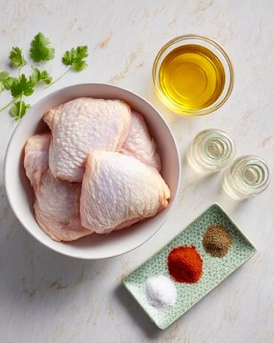 A white bowl filled with four raw chicken thighs stacked on top of each other, showing pale pink and light skin textures. To the right, there is a small glass bowl containing golden yellow oil, and next to it are two small clear spice jars. Below these, a white rectangular dish with a green pattern holds four small piles of spices, including red, white, and green powders. A few green cilantro leaves are placed to the far left on a white marbled surface. photo taken with an iphone --ar 4:5 --v 7