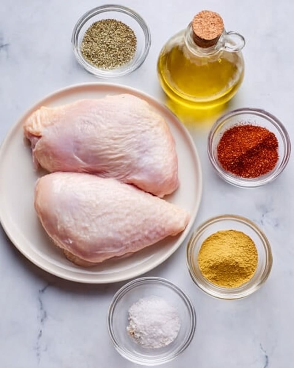 Two raw chicken pieces lie side by side on a small white plate in the center of the image. Around the plate, there are five small clear glass bowls, each containing different spices and oil: one with black pepper and salt mix, one with a greenish spice powder, one with reddish spice powder, one with a mustard yellow powder, and one with golden-yellow oil in a round glass bottle with a cork stopper. All items rest on a white marbled surface. The photo is taken with an iphone --ar 4:5 --v 7