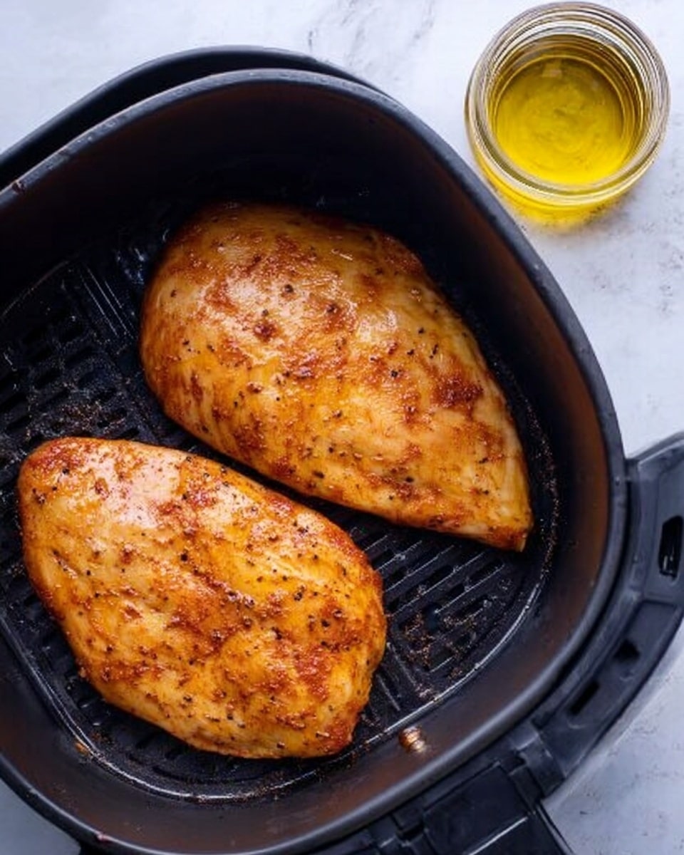 Two large pieces of cooked chicken with brownish-orange seasoning lie flat side by side inside a black air fryer basket. The chicken has a slight shine from the oil, and small black pepper spots are visible on the surface. To the right outside the basket is a small clear glass jar filled with golden oil. The background is a white marbled texture. Photo taken with an iphone --ar 4:5 --v 7