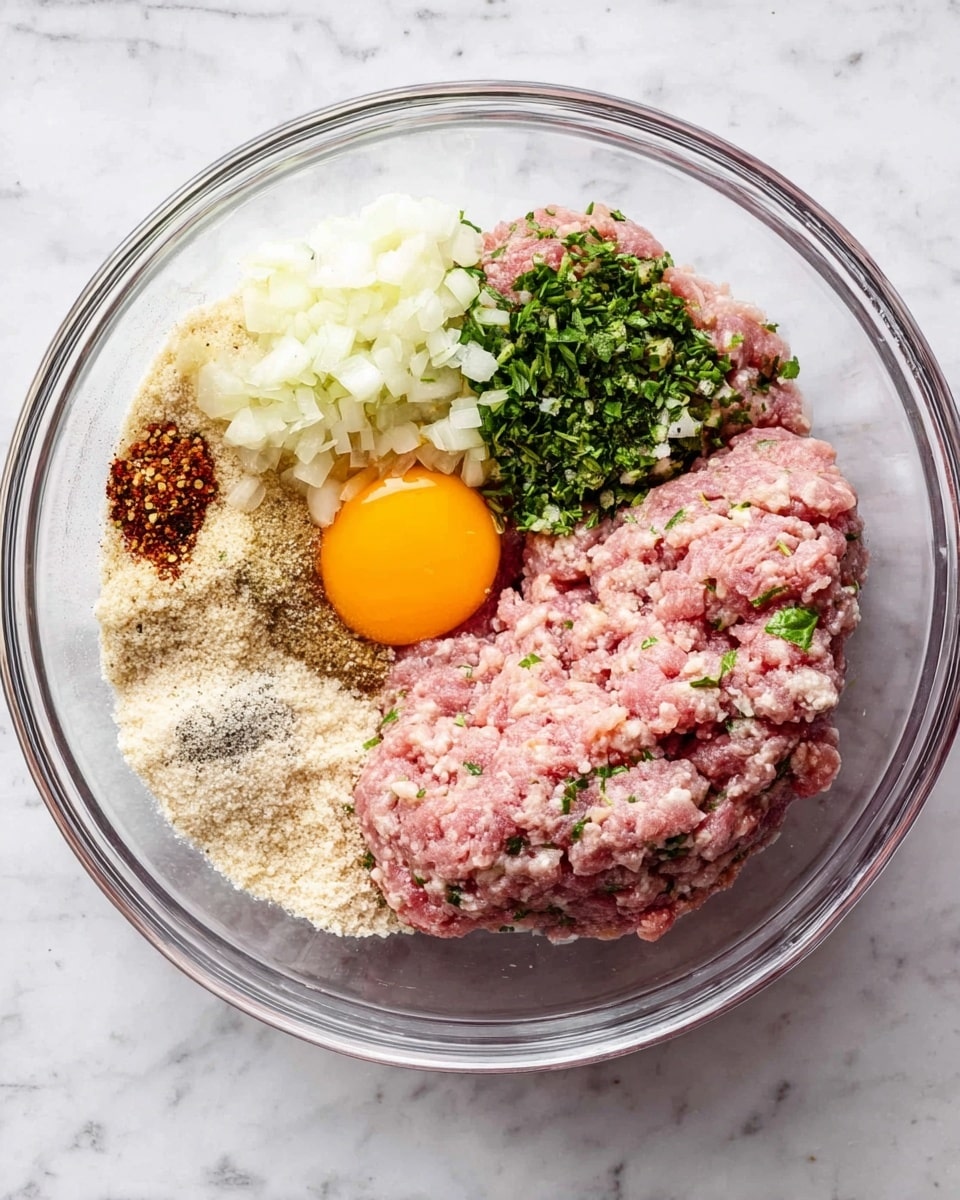 In a clear glass bowl set on a white marbled surface, there are separate layers of ingredients before mixing: pale pink raw ground meat, a bright orange egg yolk, chopped white onions, light green chopped herbs, beige breadcrumbs, and spices in shades of beige, green, red, and white, all arranged around the bowl. In the next image, the same bowl shows these ingredients blended together into a soft, textured mixture with small bits of green herbs visible throughout the pink meat. photo taken with an iphone --ar 4:5 --v 7