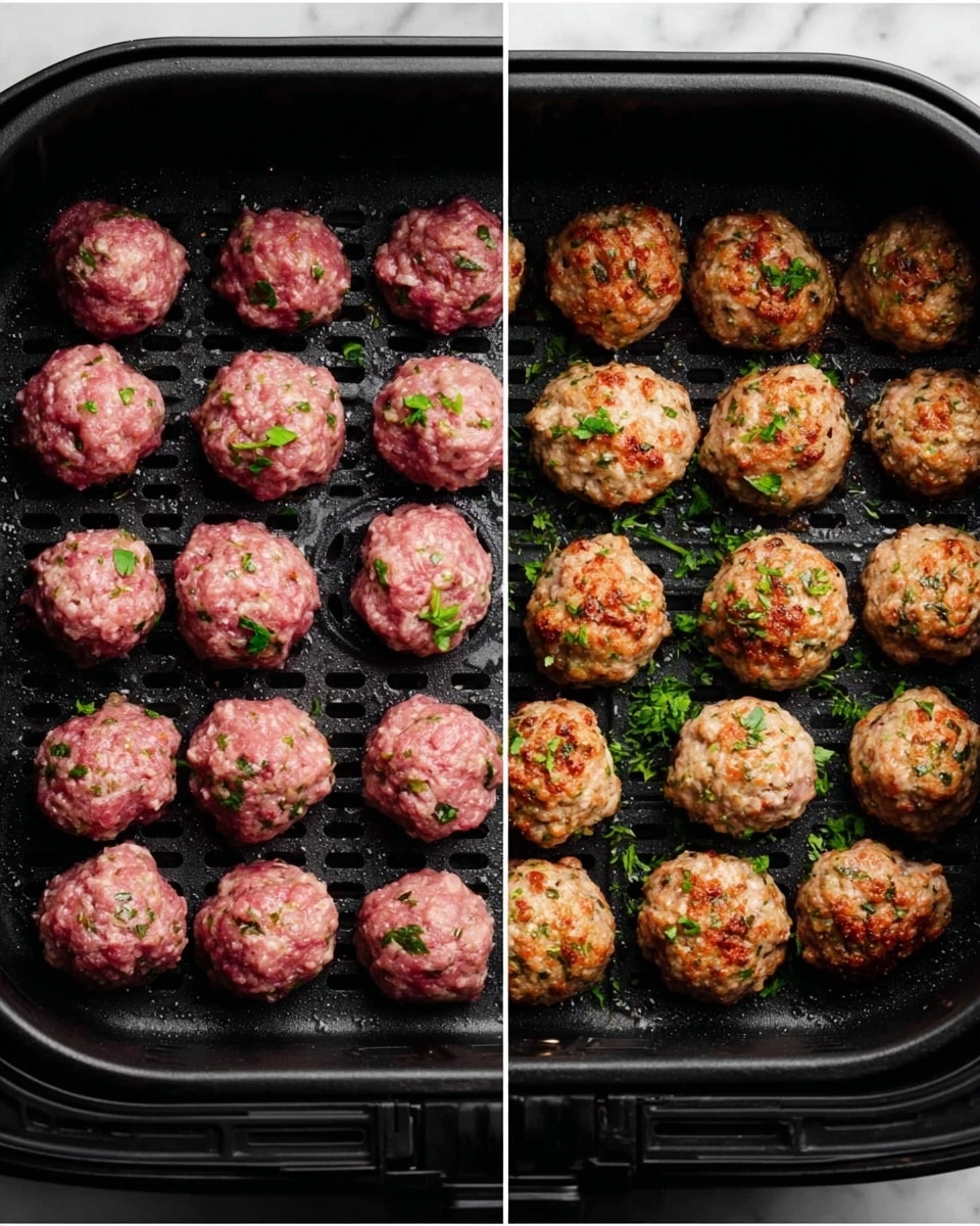 Two side-by-side images show meatballs on a black air fryer basket. The left side has raw meatballs, pink in color with bits of green herbs and white fat visible, arranged evenly across the basket's holes. The right side shows cooked meatballs, golden brown and slightly crispy with herbs sprinkled on top, keeping the same arrangement. The background is a white marbled texture. photo taken with an iphone --ar 4:5 --v 7