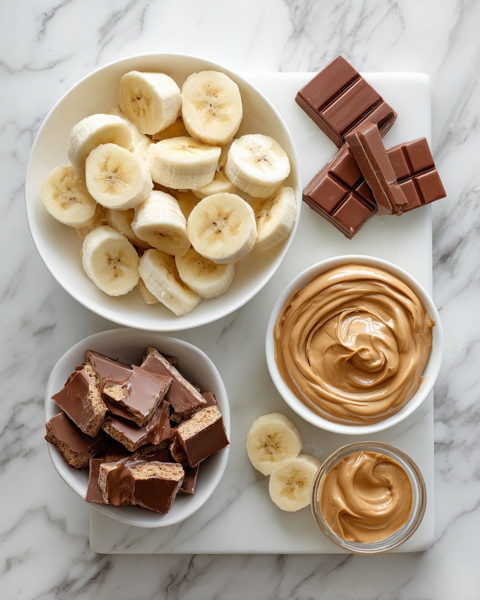 Top-down professional food photography, flat lay style, bright white marble countertop, neatly arranged, evenly spaced, tidy, clean organized layout, include: bowl of banana slices, small bowl of creamy peanut butter, small bowl of melted milk chocolate candy wafers, bright soft natural lighting, sharp focus, high detail textures, realistic reflections, professional DSLR look, 4K, no finished dish, no cooked food, no hands, no text, no watermark, no brand logos --ar 4:5 --v 7