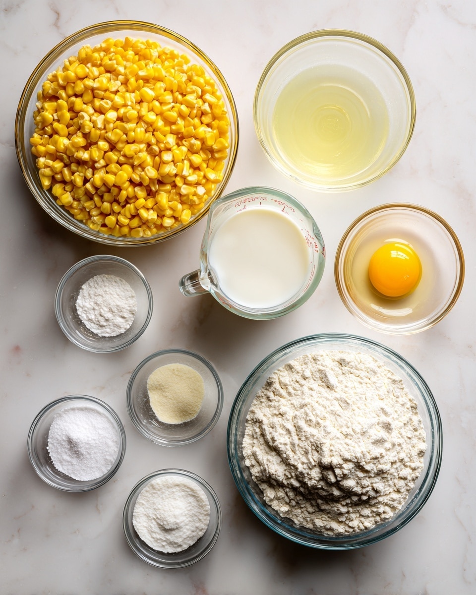 The image shows nine clear glass bowls arranged on a white marbled surface. The largest bowl on the right holds a heap of white flour with a slightly grainy texture. Next to it is a medium-sized bowl filled with a pale yellow liquid oil. Above this is a big bowl containing bright yellow corn kernels. In the middle is a glass measuring cup filled with white milk, and near it is a smaller bowl with a transparent liquid, likely lemon juice. Above all these, on the right side, a tiny bowl holds a raw egg yolk surrounded by egg white. Front left has three very small clear bowls with white powders of different textures: salt, baking powder, and sugar. The bowls are spaced evenly, showing a clean, organized arrangement. The color contrast between the yellow corn, oil, and egg yolk stands out against the neutral white flour and liquids. photo taken with an iphone --ar 4:5 --v 7