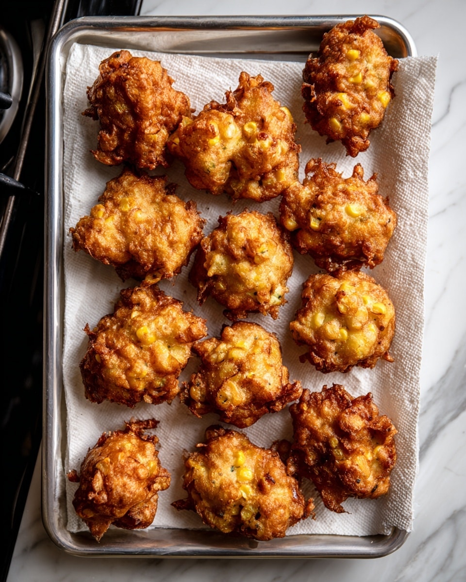 There are eleven golden-brown fried fritters spread out on a white paper towel that lines a silver metal baking sheet. The fritters are irregular in shape with a crispy and bumpy texture, showing small pieces of corn inside. The baking sheet is placed on a white marbled surface, and part of a black stove is visible on either side. The lighting highlights the warm, crunchy look of the fritters. photo taken with an iphone --ar 4:5 --v 7