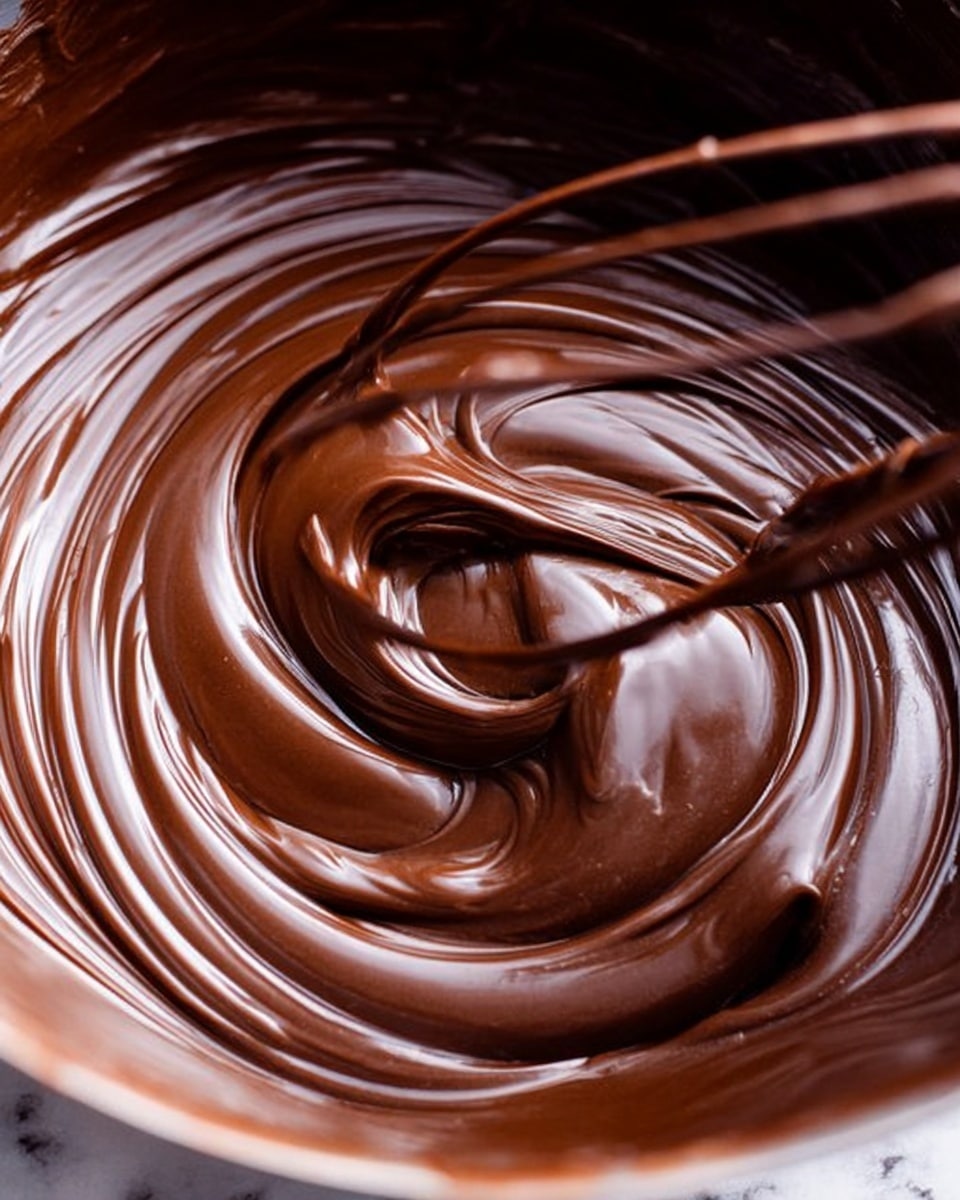 A close-up view of a shiny, smooth dark brown chocolate mixture being stirred in a round metal bowl. The texture looks creamy and thick with gentle swirls forming as a whisk moves through it. The image shows the glossy surface reflecting light, giving a rich look to the chocolate. The background is a white marbled texture. photo taken with an iphone --ar 4:5 --v 7