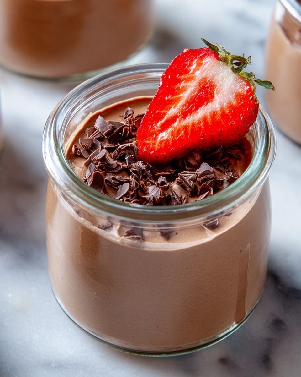 A clear glass jar filled with one thick layer of smooth, light brown chocolate mousse that fills the jar almost to the top, garnished with one bright red sliced strawberry and small dark chocolate shavings scattered on its surface, all placed on a white marbled surface photo taken with an iphone --ar 4:5 --v 7