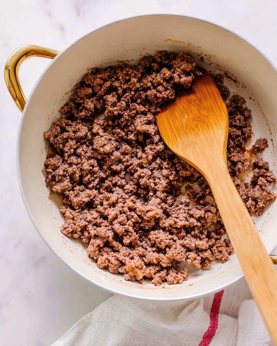 A close-up of browned ground beef in a white cooking pot with a wooden spatula in the center, stirring the meat. The ground beef is crumbly and cooked evenly with a brownish-gray color. The white pot has gold handles on each side, and it is placed on a white marbled surface with a white and red cloth partially visible on the bottom right. The wooden spatula has a smooth texture with visible wood grain, sitting upright in the pot. Photo taken with an iphone --ar 4:5 --v 7