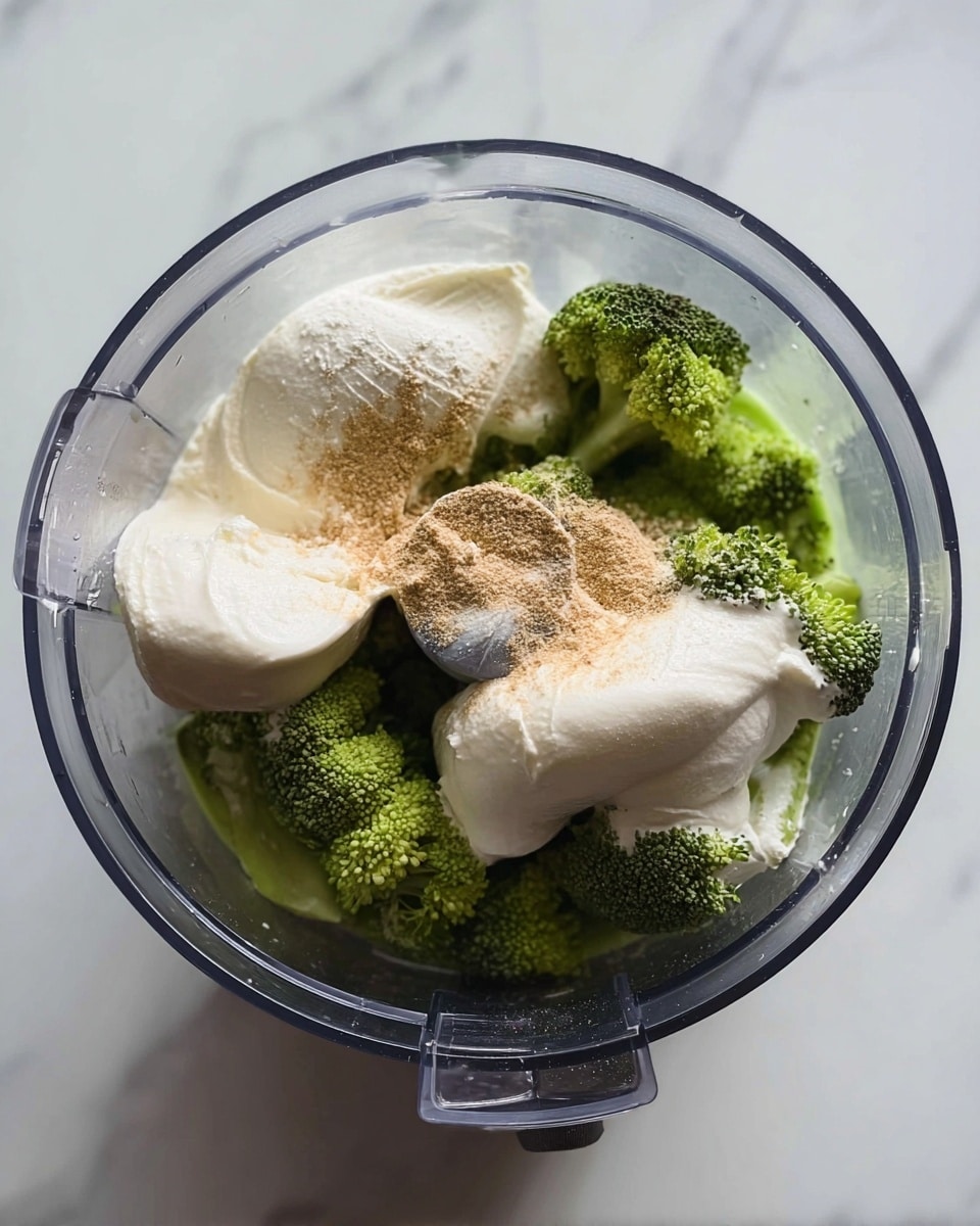 Inside a clear food processor bowl, bright green broccoli florets form the bottom layer, topped with several large dollops of thick, white creamy substance that have a smooth texture. A light brown powder is sprinkled unevenly over the white creamy dollops and some parts of the broccoli, creating a soft dusting effect. The whole container is set on a white marbled surface. The photo taken with an iphone --ar 4:5 --v 7