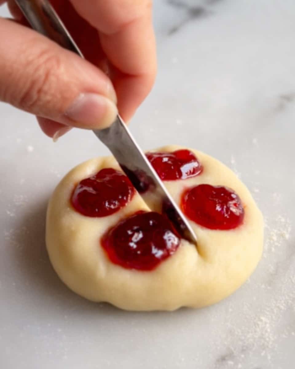 A close-up image shows a woman's hand using a small knife to place red jam dollops on a small round piece of pale yellow dough resting on a white marbled surface. The dough looks soft and smooth, with six separate spots of shiny red jam arranged evenly in a circle on top. The scene is focused on the small dough piece and the precise placement of the jam. photo taken with an iphone --ar 4:5 --v 7