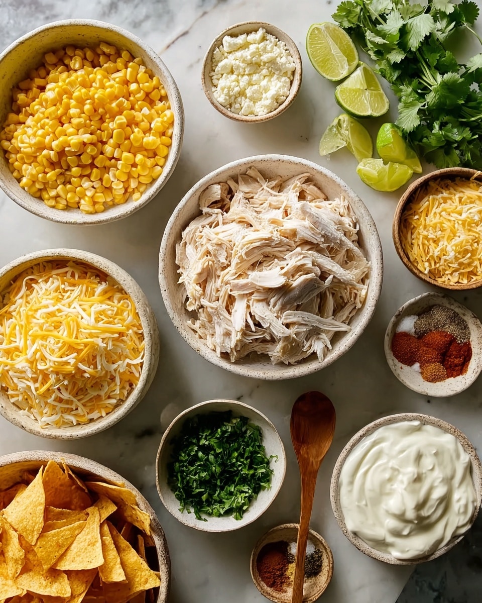The image shows several bowls placed on a white marbled surface, each filled with different ingredients. One bowl contains shredded white chicken meat, placed near the center top. To its left is a bowl with bright yellow corn kernels. Below the chicken, there is a bowl filled with shredded yellow cheese. A small bowl with fresh green chopped cilantro is positioned near the bottom center next to a wooden spoon. Surrounding these main bowls are smaller bowls containing white crumbly cheese, a bowl with orange-yellow tortilla chips, a bowl of creamy white sour cream, and several small dishes with spices in red, brown, and white colors. On the upper right corner, there are lime wedges and some cheese garnished with cilantro. The overall arrangement is neat and visually appealing, all the bowls are white or off-white with natural textures. Photo taken with an iphone --ar 4:5 --v 7