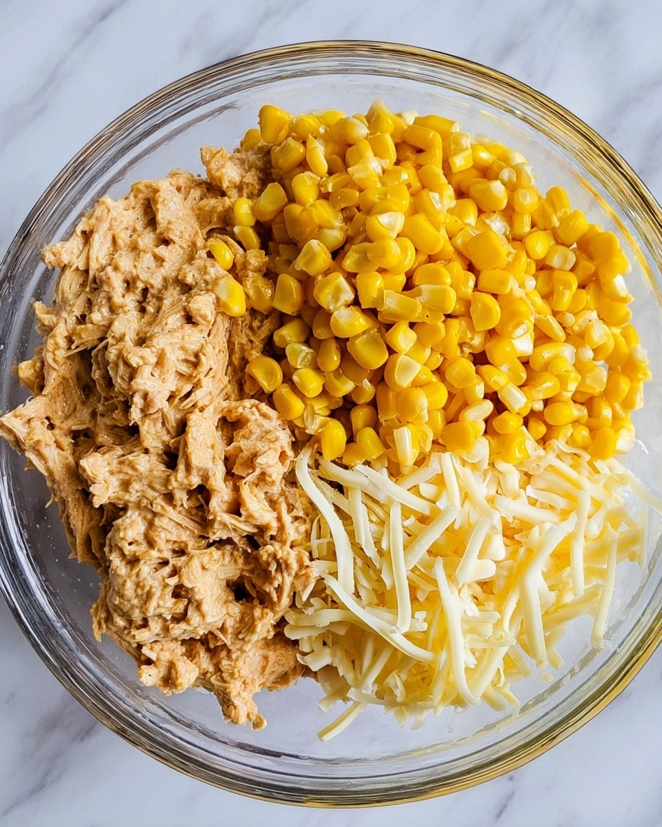A clear glass bowl holds three main layers of ingredients side by side: on the left, creamy cooked shredded meat with a light brown sauce; on the top right, bright yellow corn kernels with a shiny, moist texture; on the bottom right, a mix of shredded white and yellow cheese with a soft texture. The bowl sits on a white marbled surface photo taken with an iphone --ar 4:5 --v 7