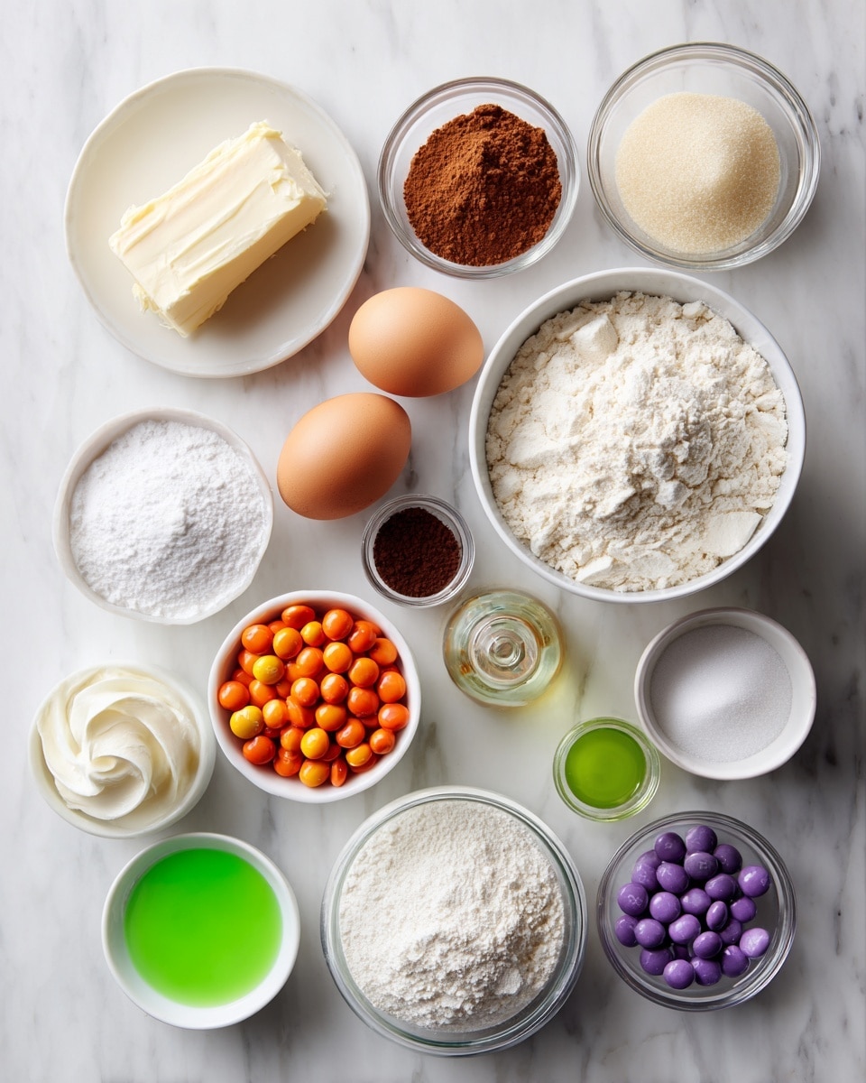 Top-down professional food photography, flat lay style, bright white marble countertop, neatly arranged, evenly spaced, tidy, clean organized layout, include: small plate of sweet cream unsalted butter, small bowl of granulated sugar, small bowl of packed brown sugar, small plate with two whole eggs, small glass bottle of vanilla flavoring, bowl of all-purpose flour, small bowl of unsweetened cocoa powder, small bowl of baking soda, small bowl of salt, container of white frosting, small glass bowl with neon green gel food coloring drops, small bowls with orange, green, and purple candy-coated chocolate pieces, bright soft natural lighting, sharp focus, high detail textures, realistic reflections, professional DSLR look, 4K, no finished dish, no cooked food, no hands, no text, no watermark, no brand logos --ar 4:5 --v 7