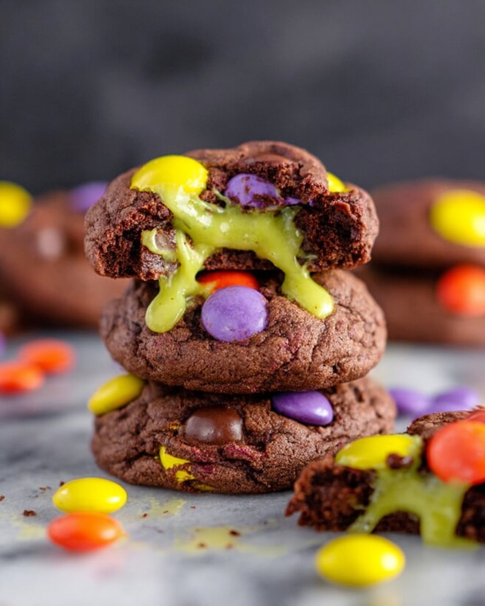 The image shows many round chocolate cookies scattered closely on a white marbled surface. Each cookie is dark brown, with a rough and slightly cracked texture on top. Brightly colored candy pieces—red, yellow, green, and purple—are pressed into the top of each cookie. Some cookies have bright green melted candy dripping from them, adding a glossy, smooth contrast to the rough cookie tops. The candies are unevenly placed, making each cookie look unique and playful. photo taken with an iphone --ar 4:5 --v 7