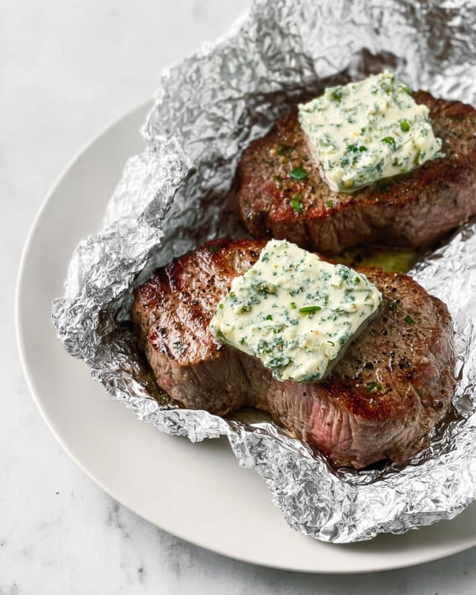 Two cooked steak pieces sit on a white plate, each topped with a square of green herb butter which has a creamy texture with small green flecks. The steaks have a seared brown surface with some black pepper seasoning visible. A piece of shiny aluminum foil is partially covering the back of the plate. The plate is placed on a white marbled surface. photo taken with an iphone --ar 4:5 --v 7