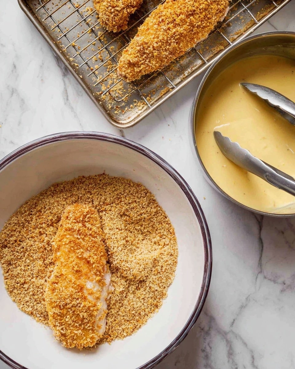 The image shows three main parts of a cooking process on a white marbled surface: a white bowl with a dark rim filled with golden brown crispy crumbs, where a breaded piece of food is resting on top; a metal bowl containing pieces covered in a light yellow creamy sauce being held by silver tongs; and a metal tray with a wire rack holding a finished breaded item that is golden and crunchy. The colors focus on creamy yellow, golden brown, and silver, creating a warm and appetizing look. photo taken with an iphone --ar 4:5 --v 7