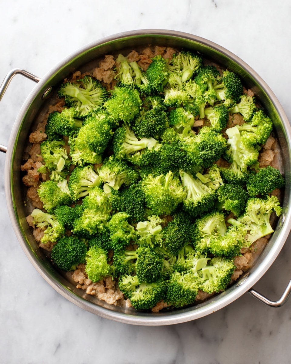 A round silver pan filled with two visible layers. The bottom layer is light brown with a soft texture, possibly cooked small pieces of meat or tofu. The top layer is a big amount of fresh, bright green broccoli florets, unevenly spread to cover the whole surface of the pan. The pan is placed on a white marbled surface. Photo taken with an iphone --ar 4:5 --v 7