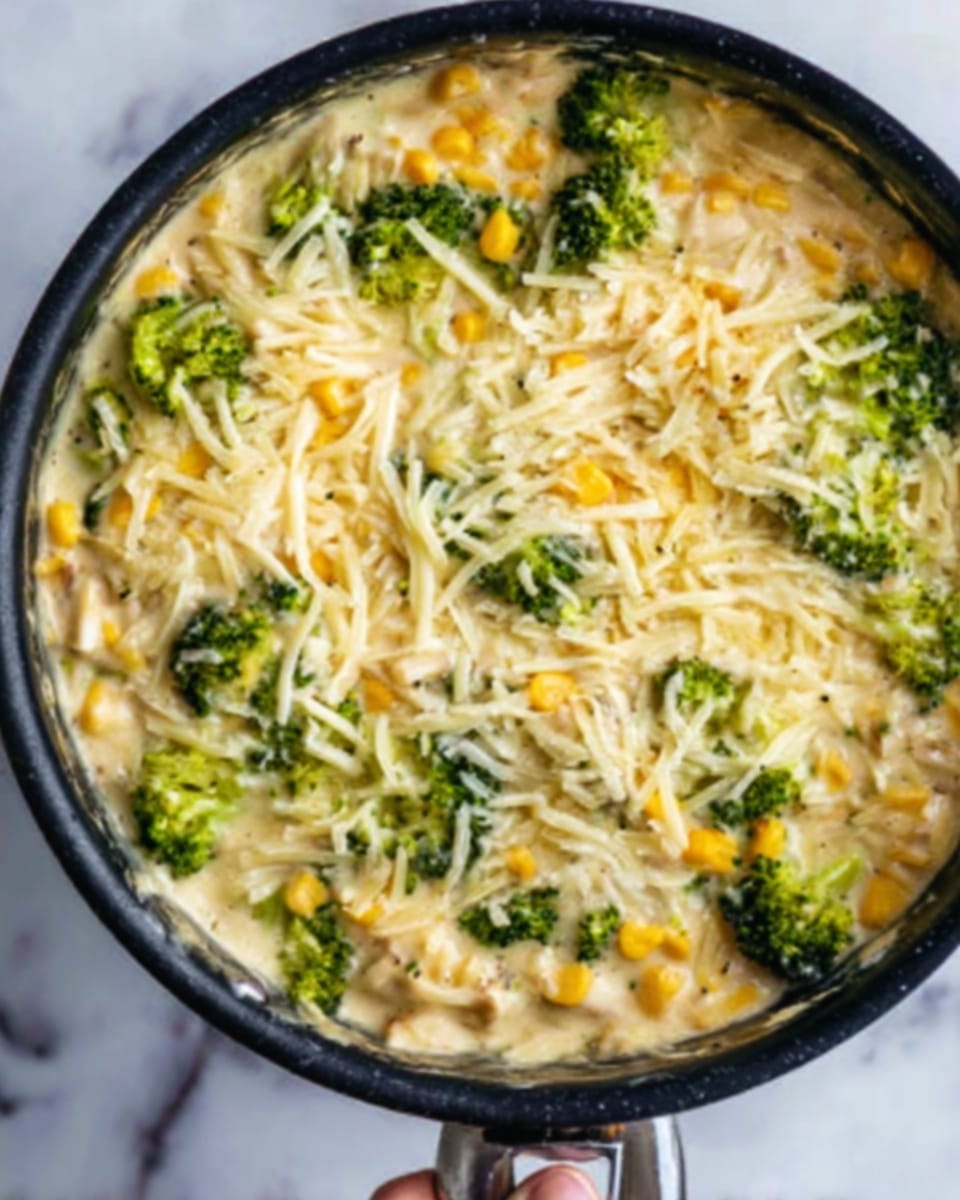 A close-up of a black pan filled with a creamy dish showing visible layers mixed together. At the base, there is a soft and slightly thick sauce coating the ingredients. Mixed in the sauce are small green broccoli florets and yellow corn kernels evenly spread out on the surface. On top, shredded white and light yellow cheese is sprinkled in a scattered, uneven layer. The pan rests on a spoon with a white marbled surface around it and a woman's hand holding the handle. photo taken with an iphone --ar 4:5 --v 7