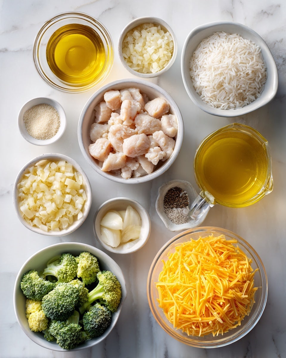 Top-down professional food photography flat lay style, bright white marble countertop, neatly arranged, evenly spaced, tidy, clean organized layout, include: small glass cup of extra virgin olive oil, small bowl of finely diced yellow onion, bowl of prepared chicken pieces, small bowl of minced garlic, small bowl of kosher salt, small bowl of freshly ground black pepper, bowl of uncooked extra long grain white rice, glass measuring cup of low-sodium chicken broth, bowl of bite sized broccoli florets, bowl of shredded extra sharp cheddar cheese, bright soft natural lighting, sharp focus, high detail textures, realistic reflections, professional DSLR look, 4K, no finished dish, no cooked food, no hands, no text, no watermark, no brand logos --ar 4:5 --v 7