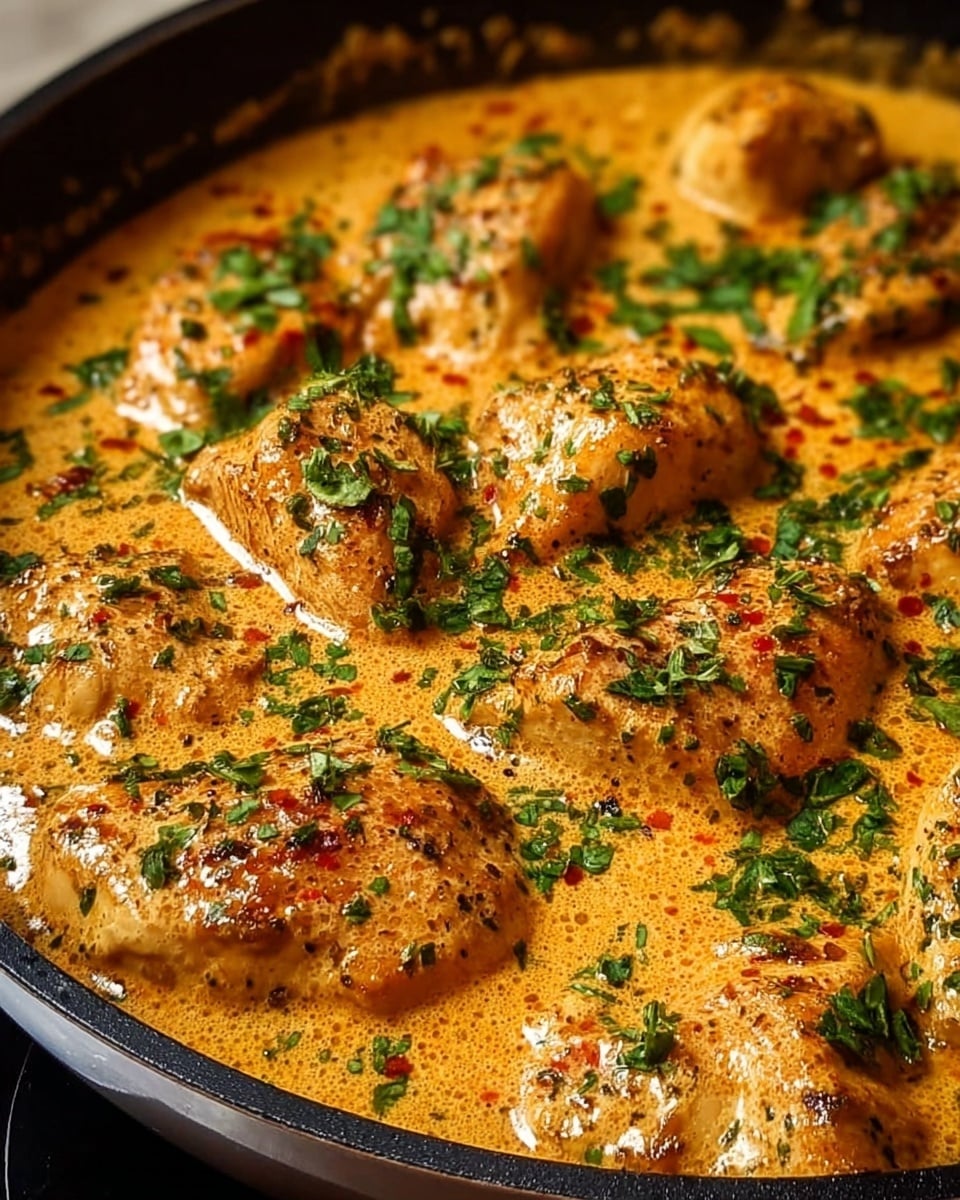 A close-up view of a black pan filled with many pieces of cooked chicken covered in a thick, creamy orange sauce with small specks of red spices. The chicken pieces are scattered and partially submerged in the sauce, and fresh chopped green herbs are sprinkled evenly on top, adding contrast. The surface around the pan is not visible but should be imagined as a white marbled texture. photo taken with an iphone --ar 4:5 --v 7