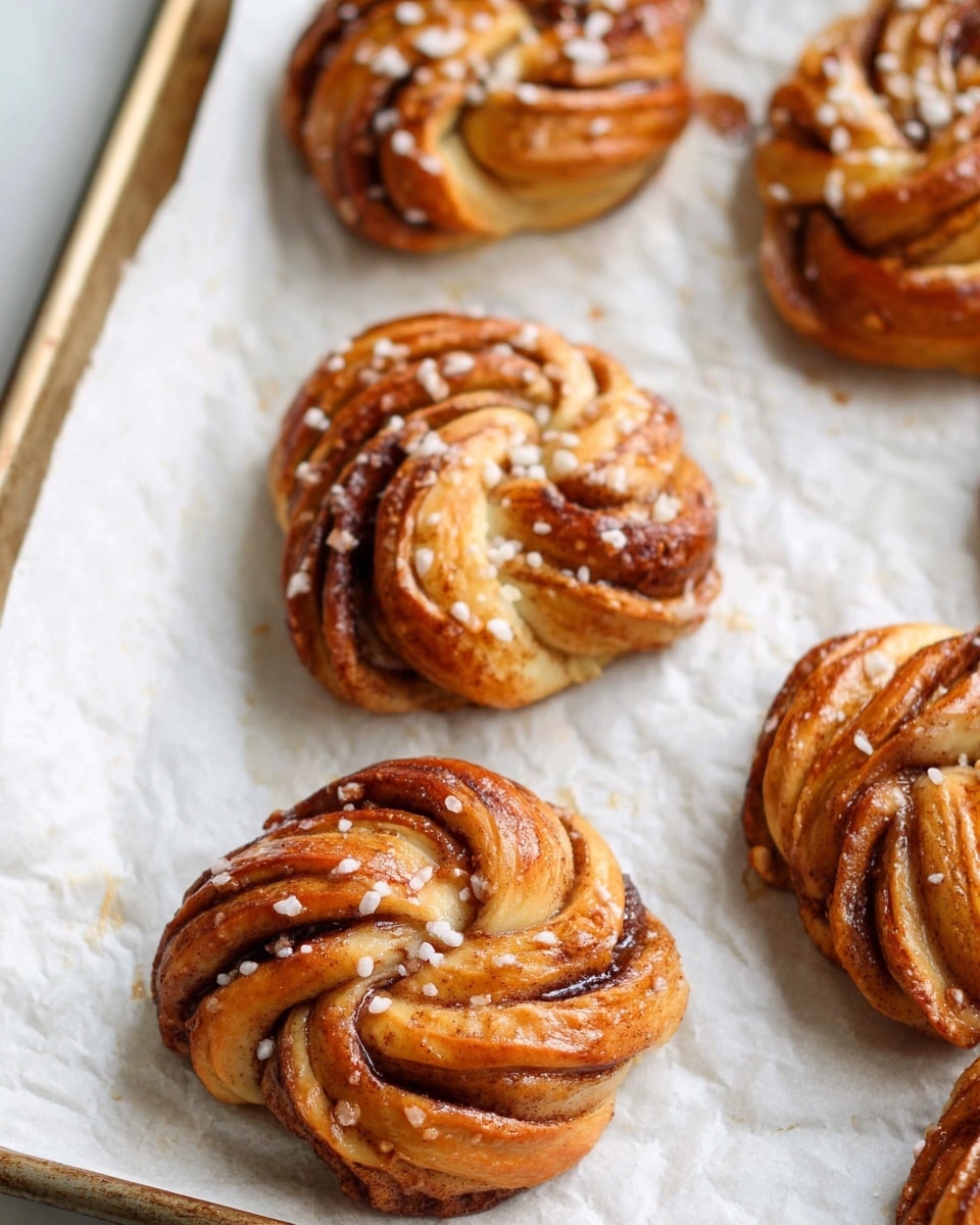 The image shows several twisted cinnamon buns on white baking paper over a metal baking tray. Each bun is round and shaped like a small ring, with visible layers of golden brown dough and a cinnamon swirl inside, giving a striped texture. The tops of the buns are shiny and sprinkled with coarse white sugar. The white marbled texture surface is visible around the tray edges. The buns look warm and freshly baked, with some darker caramelized spots on the bottom. photo taken with an iphone --ar 4:5 --v 7