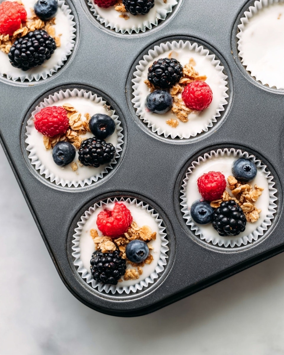 A close-up view of a dark gray muffin pan holding six white paper liners filled with a creamy white yogurt or cream base. Each cup is topped with a small cluster of mixed berries including blackberries, raspberries, and blueberries, along with sprinkled pieces of golden brown granola. The muffin pan is placed on a white marbled surface with soft, natural lighting highlighting the fresh textures and colors of the berries and granola. photo taken with an iphone --ar 4:5 --v 7