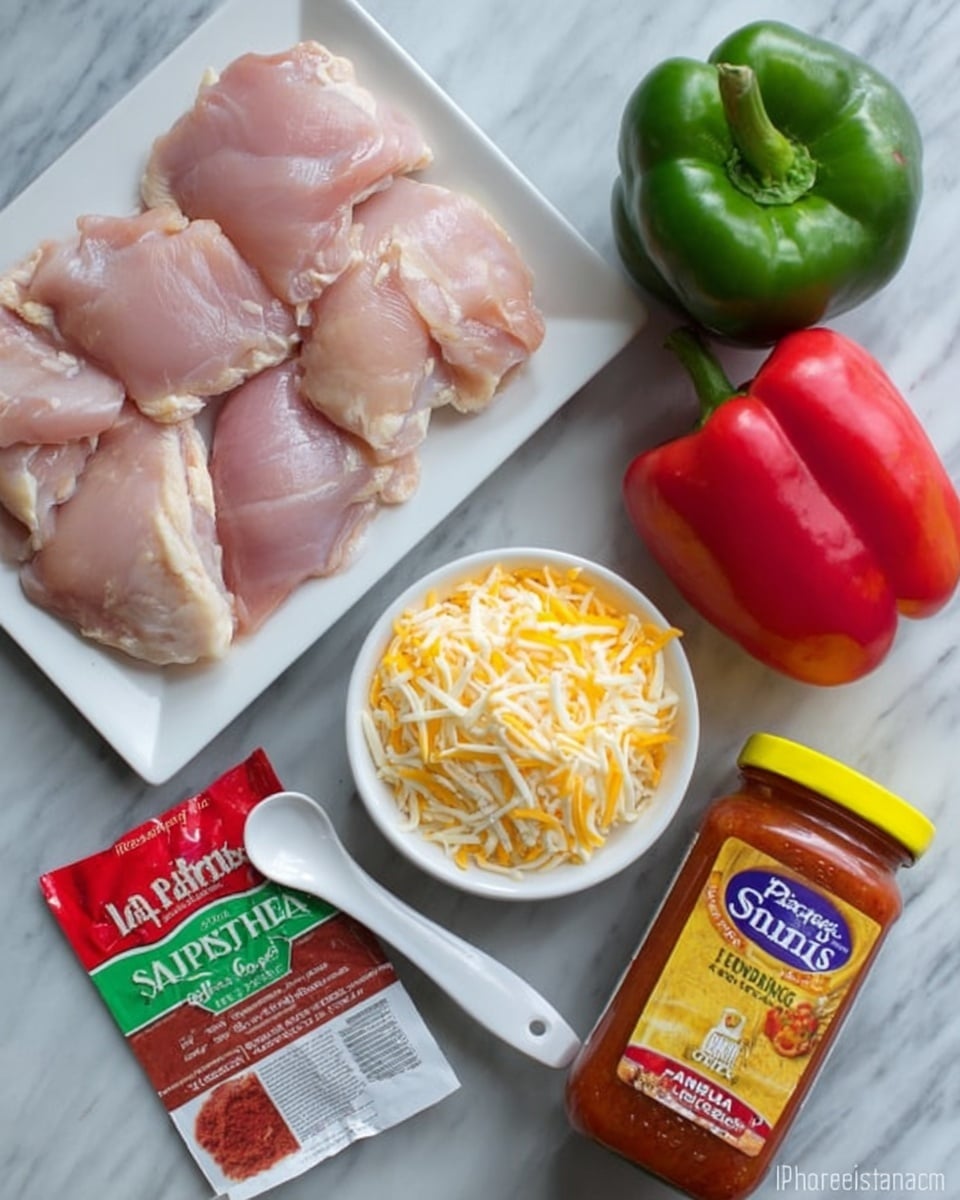 The image shows a top view of raw chicken pieces placed on a white rectangular plate on the left side. To the right of the chicken, there are two whole bell peppers, one red and one green, positioned side by side. In front of the chicken plate is a small white bowl filled with shredded yellow and white cheese. Next to the bowl of cheese is a white spoon with a packet of fajita seasoning held under its handle. On the far right side, there is a jar of red salsa sauce with a yellow lid. The whole setup is on a white marbled surface. Photo taken with an iphone --ar 4:5 --v 7