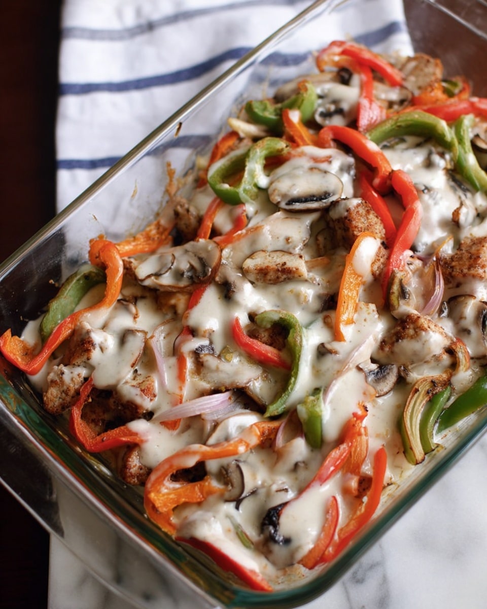 The image shows a clear glass baking dish filled with several layers of food. The base has light brown cooked meat pieces that are topped with colorful strips of red bell peppers, green bell peppers, and sautéed onions, all mixed with slices of mushrooms. A creamy white sauce is spread unevenly over the top, partially covering the vegetables and meat, giving it a rich and smooth texture. The dish is placed on a white marbled surface with a folded white napkin with blue stripes in the background. photo taken with an iphone --ar 4:5 --v 7