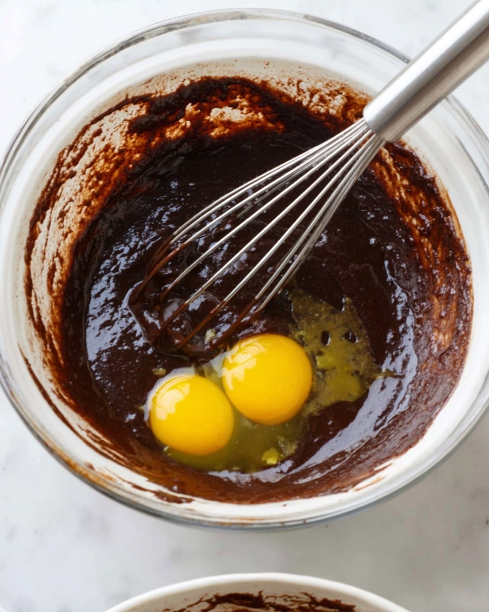 A white glass bowl sits on a white marbled surface, filled with dark brown chocolate batter. Two cracked yellow egg yolks rest on top of the batter in the bowl's center, partially mixing with the thick chocolate mixture. A metal whisk with a silver handle dips into the batter from the left side, its wires coated in the dark mixture. The bowl has visible batter streaks along its inside walls. photo taken with an iphone --ar 4:5 --v 7