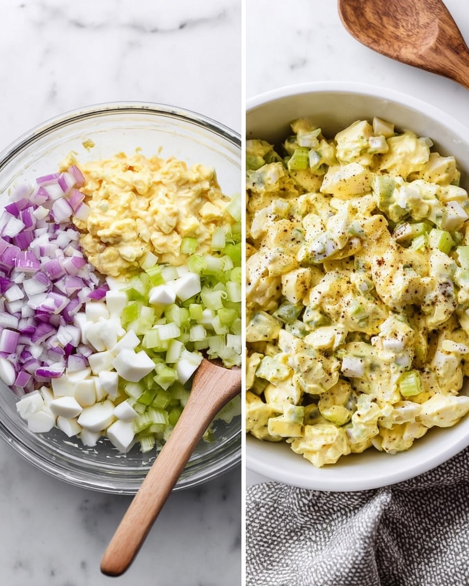 The image shows two side-by-side photos of an egg salad. The left photo has a clear glass bowl with four layers: a creamy yellow mixture covered by diced purple onions on the left, chopped light green celery on the right, small white pieces of boiled egg near the bottom right, and a wooden spoon with a light brown handle resting inside the bowl. The right photo shows a white bowl filled with mixed egg salad composed of pale yellow egg pieces, light green celery, and specks of black pepper on top. The bowl is placed on a white marbled surface with a wooden spoon above it and a gray patterned cloth to the right. photo taken with an iphone --ar 4:5 --v 7