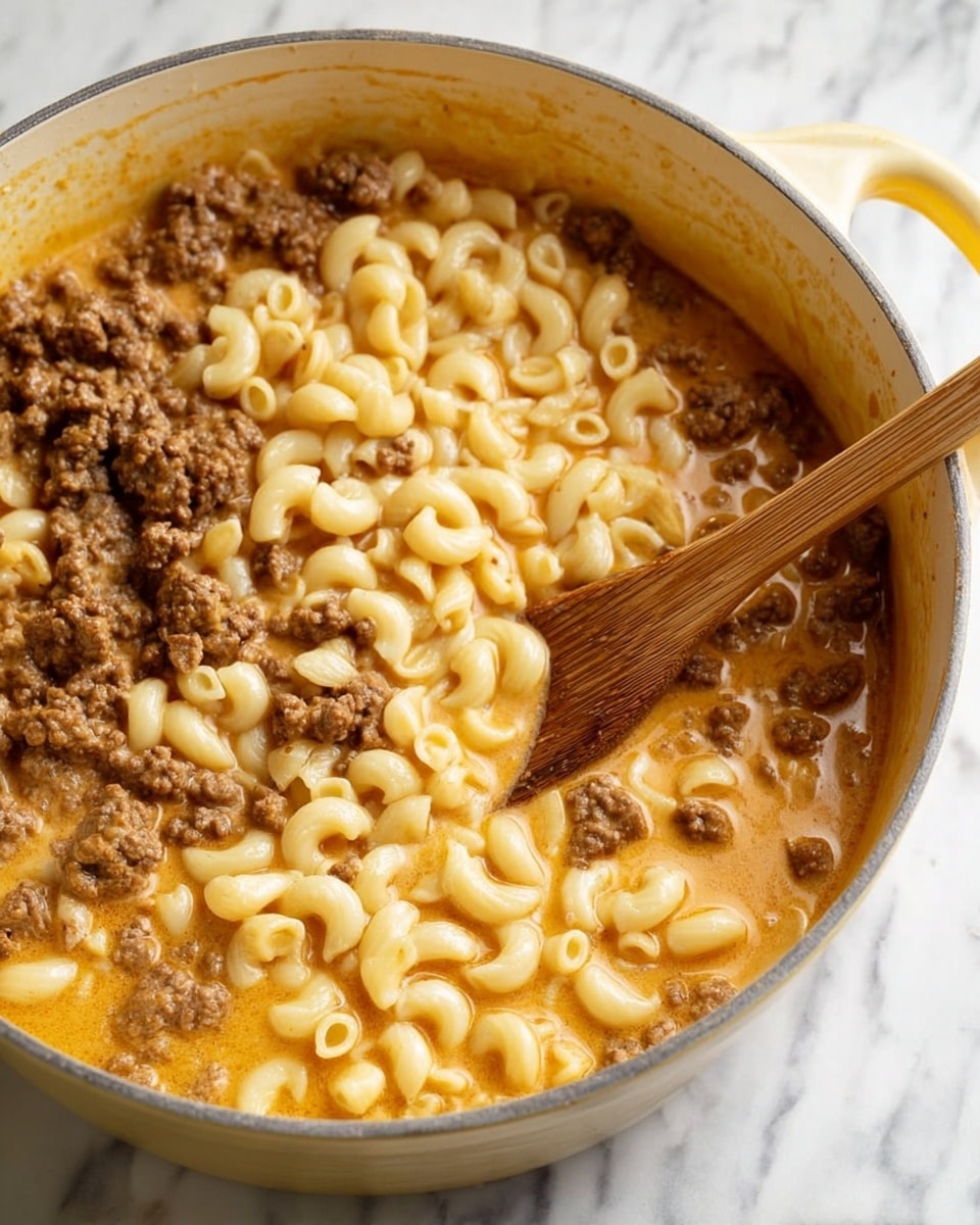 A close-up view of a creamy pasta dish inside a light yellow pot with a wooden spoon stirring the contents. The dish has two main layers: the bottom layer is a light brown sauce with a smooth texture, and mixed into it are elbow macaroni pasta pieces that are pale yellow and slightly curved. Scattered evenly throughout the sauce are small chunks of cooked ground beef, which are dark brown and have a crumbly texture. The background surface is a white marbled texture. photo taken with an iphone --ar 4:5 --v 7