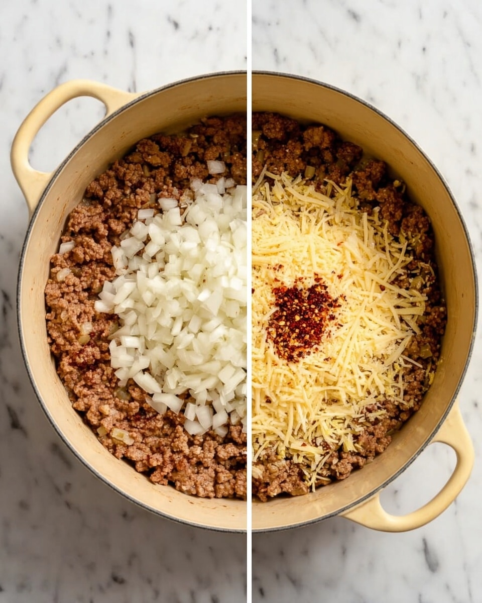 Two images side by side show a round light yellow pot placed on a white marbled surface. In the left image, the pot is filled with cooked browned ground meat forming the first layer, with a layer of small, white chopped onions sitting on top in the center. In the right image, the cooked ground meat forms the bottom layer, covered by a layer of shredded light yellow cheese evenly spread on top, with a small pile of light yellow minced garlic and dark red chili flakes in the middle. Photo taken with an iphone --ar 4:5 --v 7