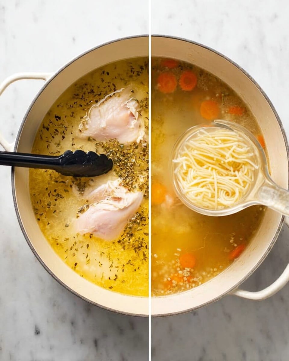 The image shows a white pot sitting on a white marbled surface. On the left side, two pieces of uncooked pale pink chicken are held by black tongs, being dipped into a golden-yellow broth with specks of herbs floating on top. On the right side, the pot contains a simmering light brown broth with small floating pieces of carrot and herbs; a transparent white measuring cup is pouring thin, pale yellow noodles into the pot. photo taken with an iphone --ar 4:5 --v 7
