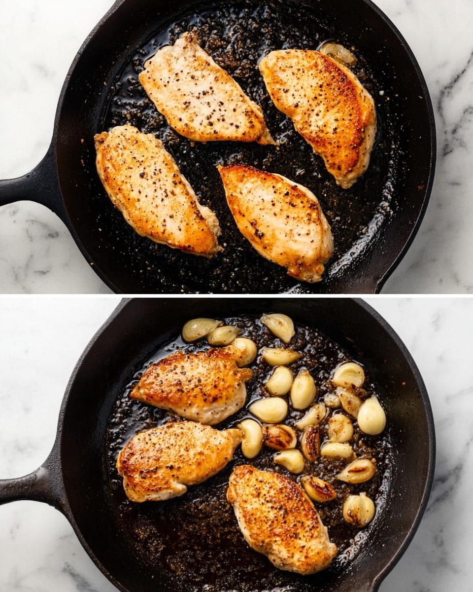 The first image shows a black cast iron pan sitting on a white marbled surface, filled with four pieces of cooked chicken breasts. Each chicken piece is golden brown with a slightly crispy texture and seasoned with visible black pepper. The second image shows the same cast iron pan on the white marbled surface, this time containing several browned cloves of garlic frying in oil. The garlic pieces are small, golden, and slightly glossy, spread evenly across the pan bottom. photo taken with an iphone --ar 4:5 --v 7