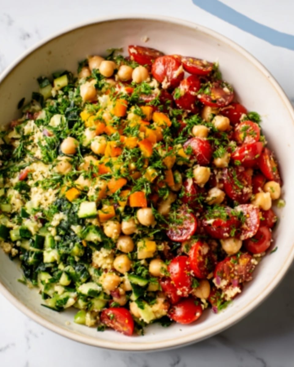 A round, white bowl filled with a colorful salad placed on a white marbled surface. The salad has three main layers visible: the bottom layer shows chopped green leaves mixed with pale yellow small pieces; the middle layer has bright red cherry tomatoes sliced in halves mixed with beige chickpeas; the top layer is sprinkled with fresh green herbs and small diced orange pieces, giving a fresh texture and vibrant color mix. The overall look is fresh, with a mix of smooth, soft, and slightly firm textures. photo taken with an iphone --ar 4:5 --v 7