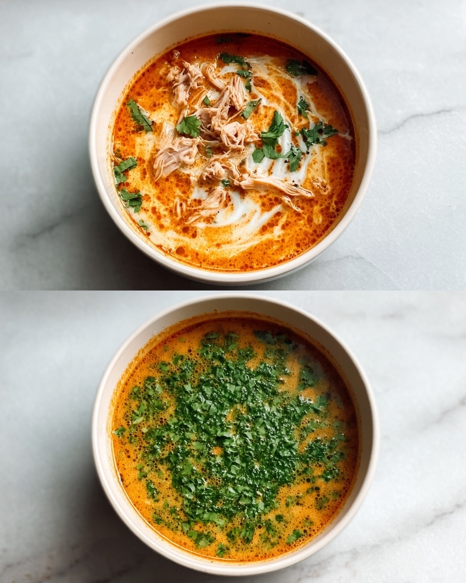 Two images show a white bowl filled with a creamy orange soup placed on a white marbled surface. In the first image, the soup has visible white pieces, possibly chicken or tofu, floating on the surface, with a smooth but slightly textured orange broth around them. In the second image, the same bowl of soup is topped with a generous layer of fresh, chopped green herbs covering most of the surface, adding a fresh contrast to the orange base. Both images focus closely on the bowl, showing the detailed texture of the soup and herbs. Photo taken with an iphone --ar 4:5 --v 7