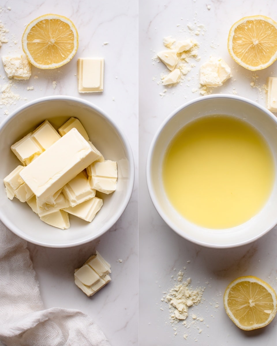 The image shows two white bowls placed side by side on a white marbled surface. The left bowl contains a single thick stick of pale yellow butter surrounded by several pieces of broken white chocolate squares, all resting at the bottom of the bowl. The right bowl holds a smooth, shiny yellow liquid, likely melted butter or white chocolate, filling the bowl about halfway. Around the bowls, there are small crumbs of white chocolate and two lemon halves with bright yellow skins and juicy interiors visible, along with a soft textured white cloth partially under the bowls. Photo taken with an iphone --ar 4:5 --v 7