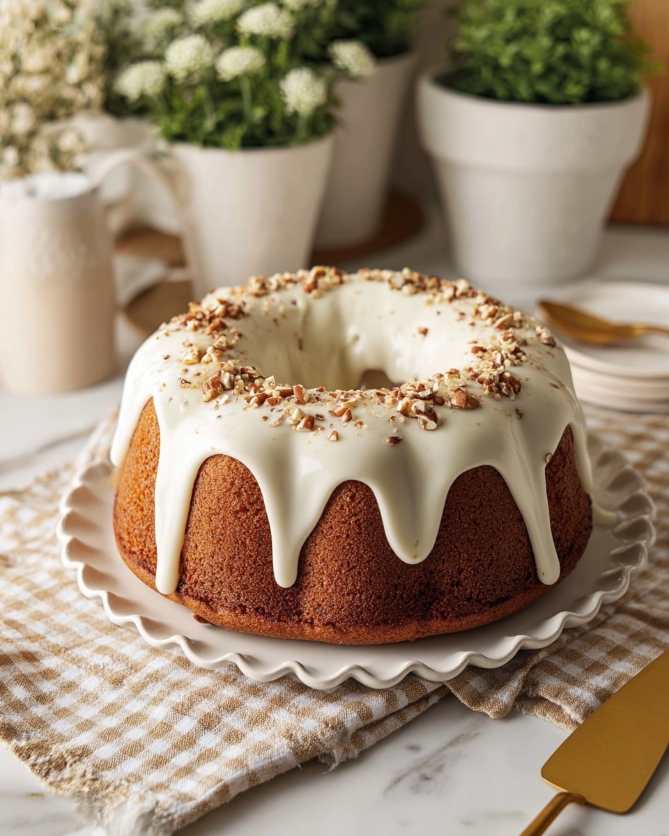 A round bundt cake with a brown, textured base sits on a white scalloped plate. It has one thick layer of smooth, creamy white icing dripping evenly down the sides. The top of the icing is sprinkled with small pieces of chopped nuts in brown and beige tones. The cake is placed on a beige and white checkered cloth, with a white marbled surface underneath. Around it, there are green plants in white pots and a golden cake server beside a beige cloth. photo taken with an iphone --ar 4:5 --v 7