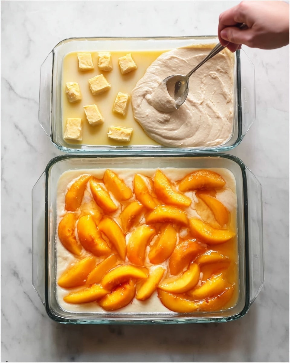 The image shows three steps of making a dessert in a clear glass rectangular dish on a white marbled surface. The first layer has seven small pieces of light yellow butter spread evenly in the dish. The second layer is a thick, pale beige batter or dough being spread over the butter with a spoon held by a woman's hand, covering the butter evenly. The third layer shows bright orange peach slices neatly placed all over the batter, creating a colorful and juicy top with some liquid around the fruit. photo taken with an iphone --ar 4:5 --v 7