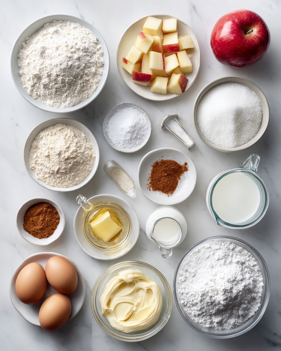 Top-down professional food photography, flat lay style, bright white marble countertop, neatly arranged, evenly spaced, tidy, clean organized layout, include: bowl of plain flour, small bowl of baking powder, small bowl of baking soda, small bowl of salt, bowl of caster sugar, small bowl of peeled and roughly chopped red apple pieces, small plate with two whole eggs, bottle of vanilla essence, glass measuring cup of vegetable oil, glass measuring cup of Greek yogurt, small bowl of cinnamon powder, small plate with melted butter, small bowl of icing sugar, glass measuring cup of milk, bright soft natural lighting, sharp focus, high detail textures, realistic reflections, professional DSLR look, 4K, no finished dish, no cooked food, no hands, no text, no watermark, no brand logos --ar 4:5 --v 7