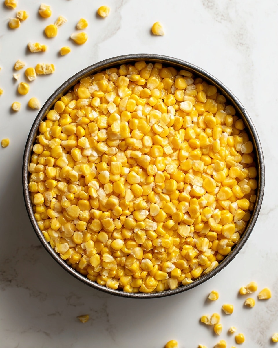 The image shows a round bundt pan filled with bright yellow corn kernels spread evenly in one thick layer. The corn looks fresh with some small pieces scattered on the white marbled surface nearby. The pan is dark metal, creating a contrast with the corn inside. The scene is simple and clean with natural light highlighting the texture of the corn. Photo taken with an iphone --ar 4:5 --v 7