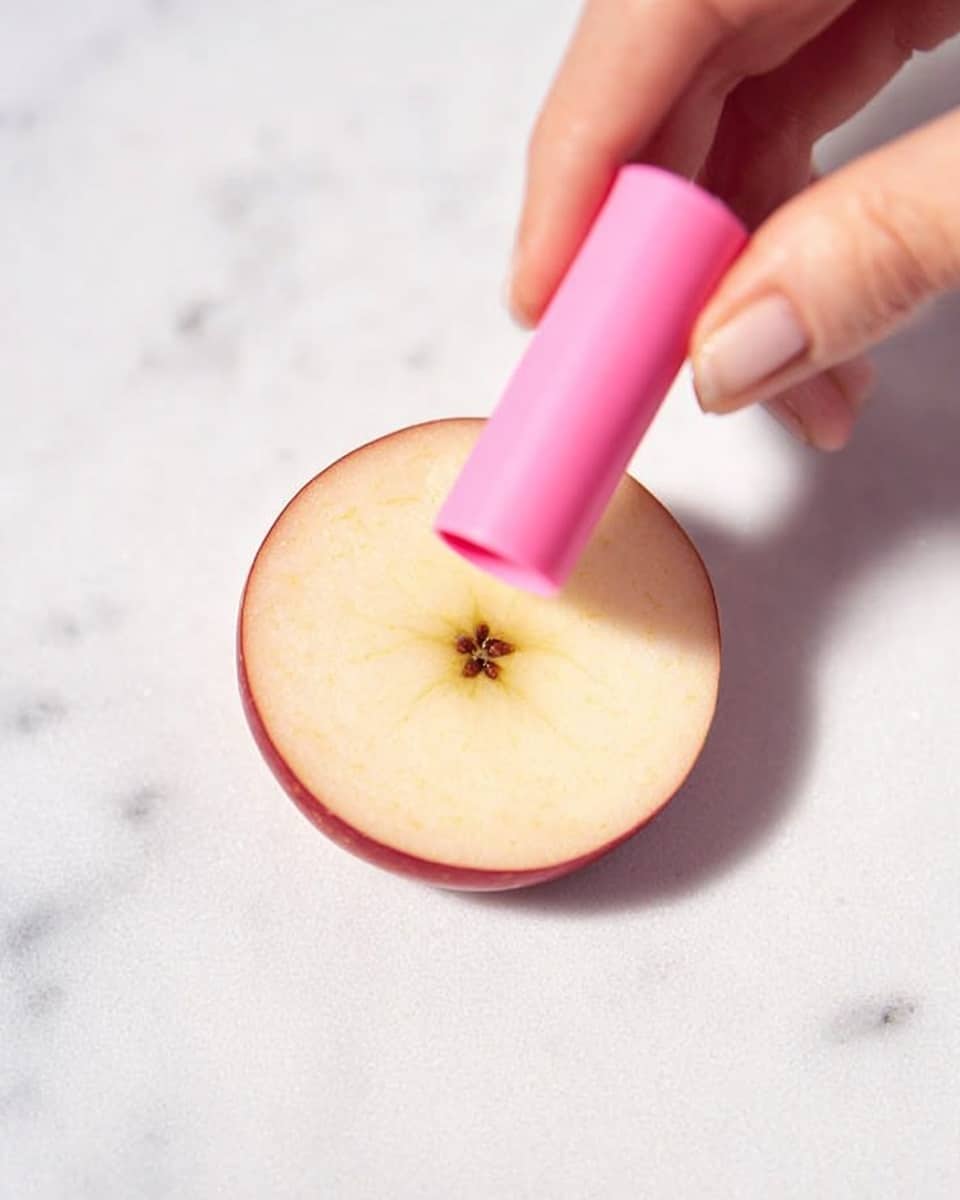 A close-up of a thin round apple slice lying flat on a white marbled surface. The apple slice is light beige with a faint red edge. A woman's hand is holding a small, bright pink cylindrical object placed in the center of the apple slice. The image is bright with soft shadows, highlighting the smooth texture of the apple and the pink object. Photo taken with an iphone --ar 4:5 --v 7