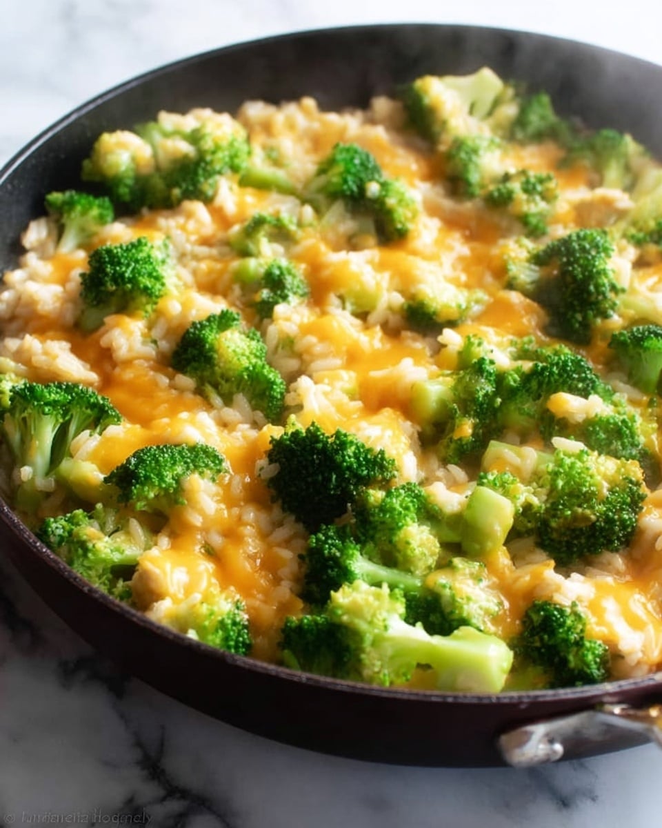 A close-up view of a black skillet filled with a dish made of bright green broccoli pieces mixed with white rice and melted orange cheese that looks creamy and soft. The broccoli is cut into small florets, spread evenly in the pan with the cheese melting around and between the rice grains, making the dish look warm and rich. The skillet sits on a white marbled surface, and there is some steam rising showing the dish is hot. Photo taken with an iphone --ar 4:5 --v 7