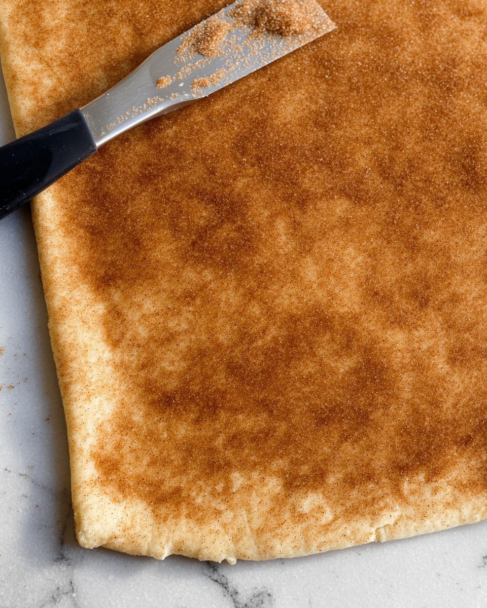 A close-up of a large, thin rectangle of dough spread out flat on a white marbled surface, with an even layer of light brown cinnamon sugar mixture spread on top, giving a smooth and slightly grainy texture. A metal spatula with a black handle lies near the top left corner, showing some of the cinnamon sugar on its edge. The dough edges are slightly rounded with some areas showing a bit of the white dough beneath the cinnamon layer. photo taken with an iphone --ar 4:5 --v 7