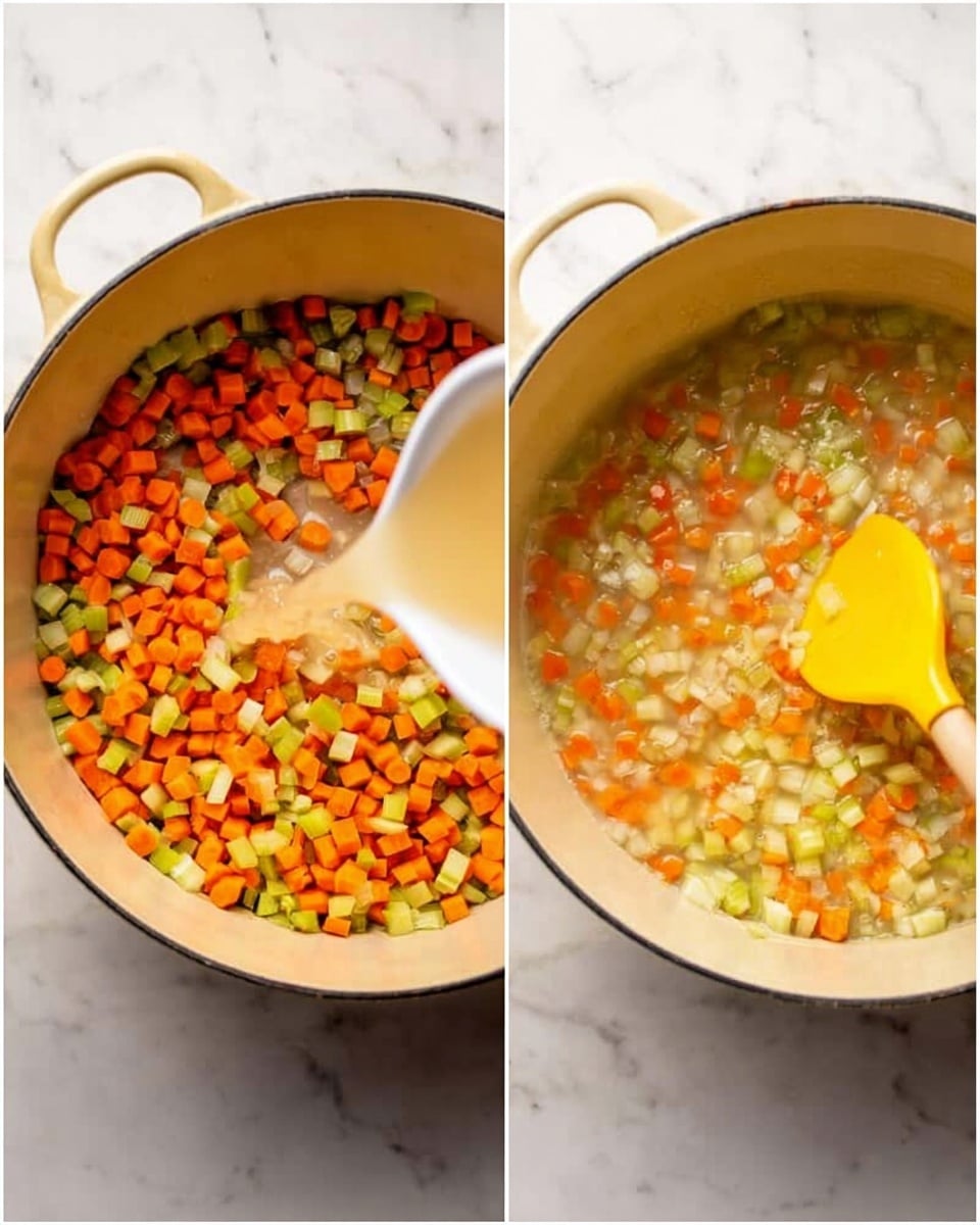 A white cast iron pot filled with three layers of diced vegetables: orange carrots, light green celery, and white onions. The diced vegetables are evenly spread and visible from the top view. In the second image, a yellow spoon is stirring the vegetables while a liquid is poured from a white carton into the pot. The pot is placed on a white marbled surface. Photo taken with an iphone --ar 4:5 --v 7