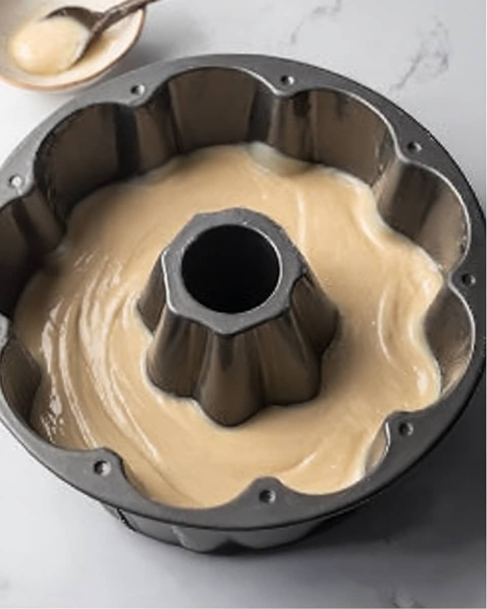 A dark gray bundt pan filled with smooth, light beige cake batter, which has a glossy, creamy texture and is evenly poured around the central tube of the pan, sitting on a white marbled surface with a spoon and a small bowl in the background. Photo taken with an iphone --ar 4:5 --v 7