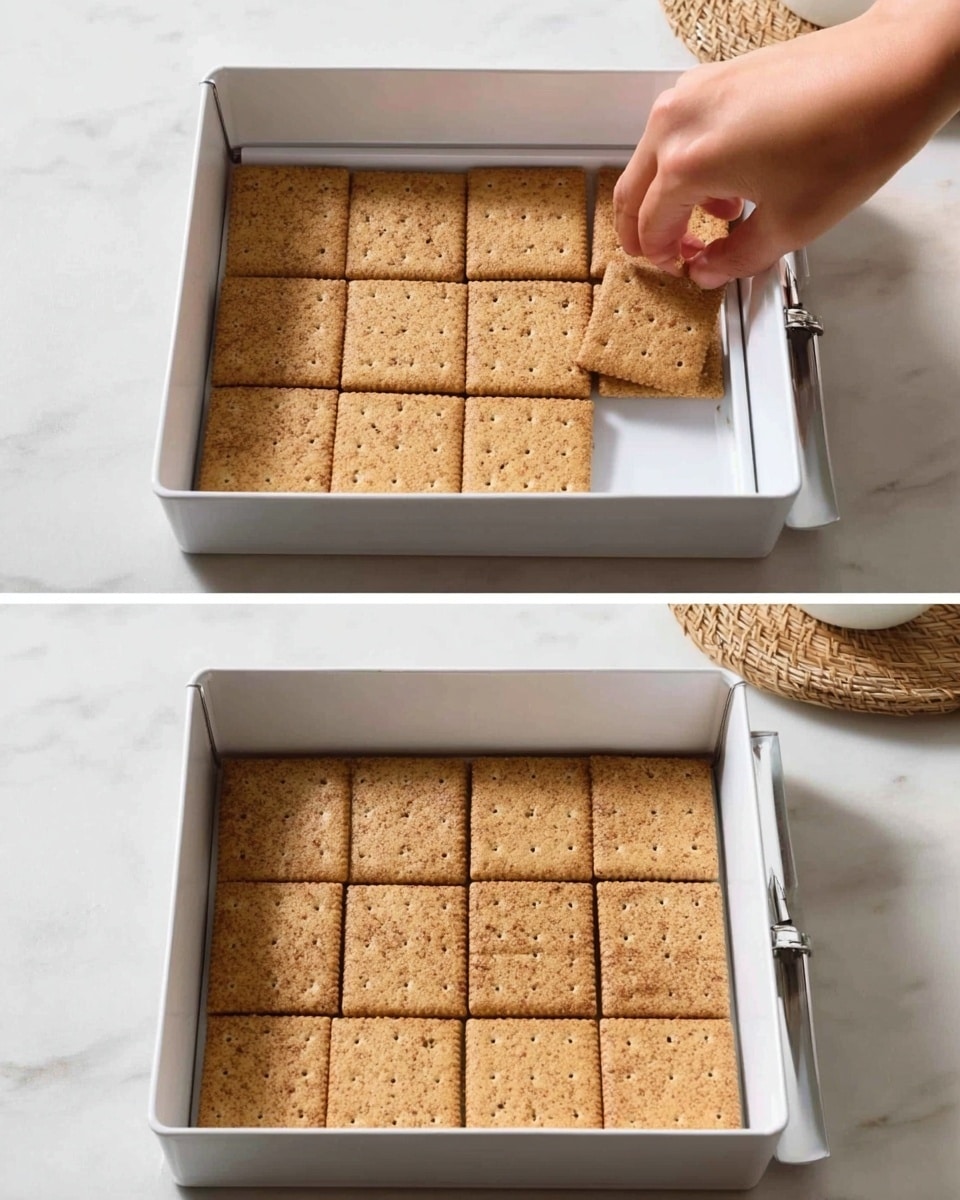 The images show a square white baking pan on a white marbled surface. Inside the pan are square graham crackers, arranged to cover the bottom evenly in a grid of three-by-three. The graham crackers have a light brown color with small darker spots and a slightly rough texture. In the first image, a woman's hand is placing one cracker in the empty space of the pan. In the second image, the pan is fully lined with neatly arranged graham crackers, filling it completely with no gaps. Photo taken with an iphone --ar 4:5 --v 7