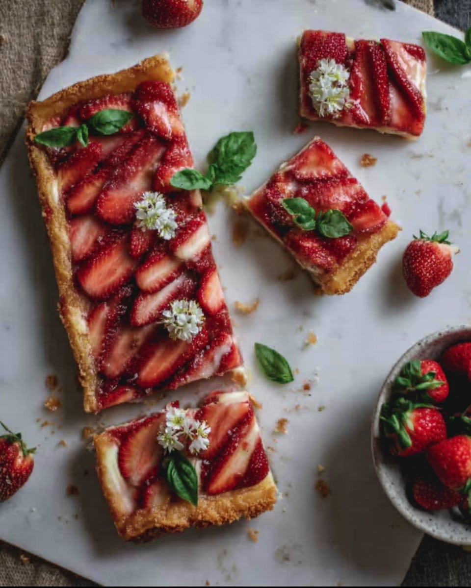 The image shows a rectangular flat dessert with a golden, crispy textured crust on top. Inside, it has visible bright red strawberry slices layered evenly. Small white edible flowers and green basil leaves are placed on top and around the dessert. Some pieces are cut and slightly separated on a white marbled surface. In the lower right corner, there is a white bowl filled with fresh strawberries with green stems. The whole scene has a natural, fresh look. Photo taken with an iphone --ar 4:5 --v 7