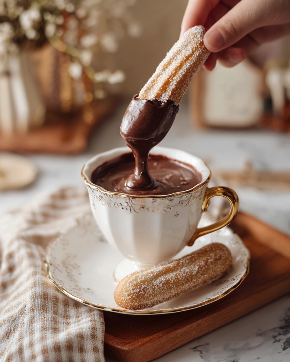 A close-up scene shows a woman's hand dipping a light golden ladyfinger biscuit into a white cup filled with thick, dark brown hot chocolate that drips over the sides and onto the white saucer below. Another ladyfinger rests on the saucer, dusted with fine sugar. The cup and saucer have a delicate gold trim and are placed on a wooden tray atop a white marbled textured surface with a folded beige and white checked cloth beside them. The background is softly blurred with warm, cozy decor shapes. photo taken with an iphone --ar 4:5 --v 7