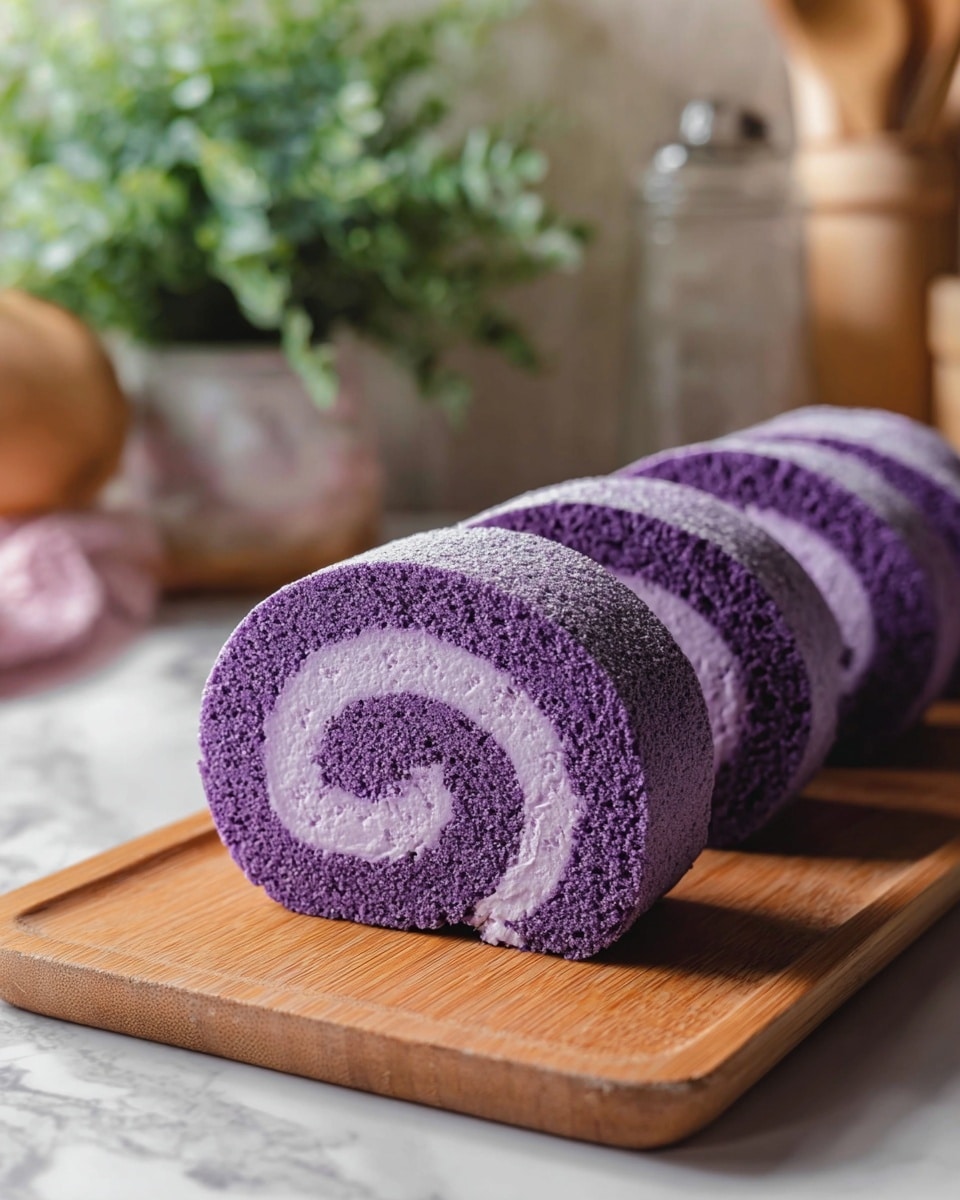 The image shows four pieces of purple roll cake arranged on a wooden board with a smooth finish. Each roll has two visible layers: the outer layer is a textured, dark purple sponge cake, and the inner layer is a lighter purple cream filling. The rolls have a soft, fluffy appearance and are positioned in a way that highlights their spiral shape. The setting includes a white marbled surface underneath the wooden board and some green plants and soft-focused kitchen items in the background, giving a cozy, natural feel. photo taken with an iphone --ar 4:5 --v 7